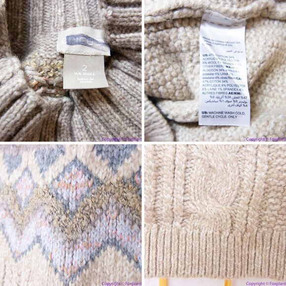 NEW Chico's Cable Yarn Wool Blend Fair Isle Tan Sweater, L - Picture 16 of 16